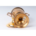 800/1000 vermeil silver cup second half of the 20th century 22 x 7.2 cm Handle grips with flower insert and cover with curled grip. Gr 337, Italian hallmark partly erased, difficult to read. Condition: good, minimal wear related to use over time, 800/1000