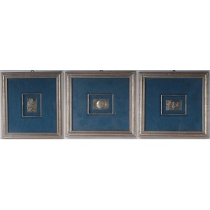Lot of three engraved silver plaques signed by: second half of the 20th century 3 x 4.5 cm plaquettes Brindisi, Cassinari and Sassu in the frame State of preservation: good, Lot of three engraved silver plaques signed by: second half of the 20th century 3