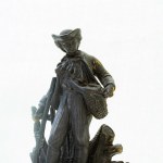Hunter, full-round sculpture in antimony with traces of gilding early 20th century 22 x 21 x 14 cm total on a gilded wooden base. State of conservation: wear with loss of gilding as per use over time., Hunter, full-round sculpture in antimony with traces 