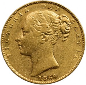 Velká Británie, Victoria 1838 - 1901, 1 libra (sovereign) 1869 - razidlo reversu s číslem 