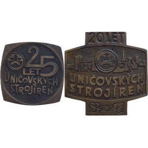 Lyčka, Uničov - 20 let Uničovských strojíren 1950-1970, styliz. závod / bagr sign.: Lyčka bronz 70x70 mm 2/ 25 let Uničovských strojíren, nápis a znak závodu / UNEX 1950-1970 bronz 54x54 mm