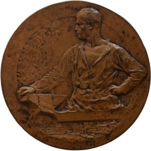 Neubauer J., Liberec - Chamber of Commerce and Trade b.l.- blacksmith at anvil, laurels, harbour / view of the city, laurels, inscription, Signed, patinated bronze 60 mm