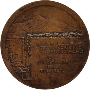 Neubauer J., Liberec - Chamber of Commerce and Trade b.l.- blacksmith at anvil, laurels, harbour / view of the city, laurels, inscription, Signed, patinated bronze 60 mm
