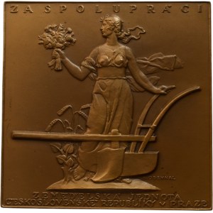 Odehnal A., Agricultural Unity of the Czechoslovak Socialist Republic b.l. - For Cooperation - woman with a bouquet standing by a plough, 3-line inscription, Signed, patinated bronze plaque 86x86 mm
