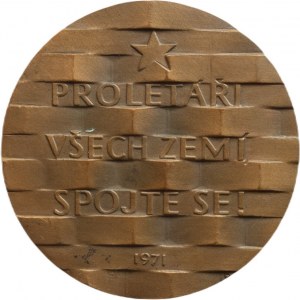 Prádler J., Gottwald K. - 50th anniversary of the founding of the Communist Party of Czechoslovakia 1971 - bust from right, copy/star and inscription in prolamov. Signed, patinated bronze 50 mm