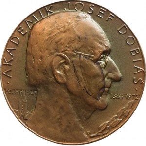 Prádler J., Akademik Josef Dobiáš. Portrait from right, copy, Pelhřimov tower / ancient coin, inscription. Sign. JP 79, Bronze 55 mm