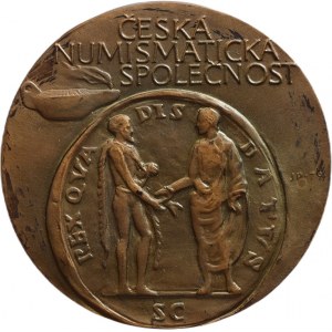 Prádler J., Akademik Josef Dobiáš. Portrait from right, copy, Pelhřimov tower / ancient coin, inscription. Sign. JP 79, Bronze 55 mm