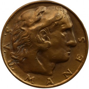 Sopr, 5. květen 1945. Postavy na barikádě s praporem, Hradčany, opis / antický portrét , opis S. V. U. MÁNES. Bronz 59 mm