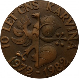 Karviná - E.Baran and J.Myszák - 10 years of the branch, 1982 Stylized town emblem, copy / south part of the square, copy, Signed, Bronze 71 mm
