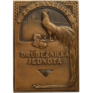 Plaque For Merit - Drůbežnická jednota (1st Republic), Panorama of Hradčany, in the foreground a rooster and a lime branch bronze 50x70 mm