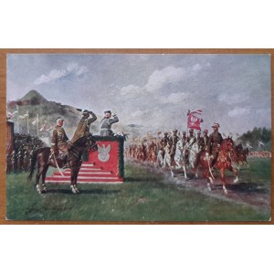 Marszałek Józef Piłsudski wita defilującą kawalerię na błoniach w Krakowie 6.X.1933 r.