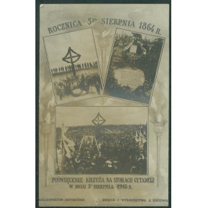 11 WARSZAWA - Poświęcenie Krzyża na stokach Cytadeli w dniu 5go sierpnia 1916, Rocznica 5go sierpnia 1864 r., Zdj. i Wyd. J. Różewicz, Warszawa, fot. sepia,