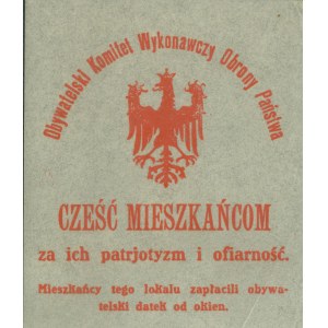 1 NAKLEJKA OKIENNA - Obywatelski Komitet Wykonawczy Obrony Państwa, cześć mieszkańcom, 10 x 11 cm, druk czerw., papier woskowany