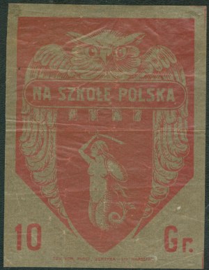 1 EYEWALL STICKER - For Polish School, 10 Gr., 9 x 12 cm, red print, Tow. Kom. Puget, Jerzyna i Ska, Warsaw, waxed paper