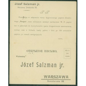 20 WARSZAWA - Józef Salzman jr., Senatorska 38, formularz reklamowy i do zamówień, druk czb, ok. 1910