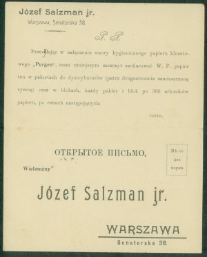 20 WARSAW - Jozef Salzman jr., Senatorska 38, advertising and order form, czb print, ca. 1910