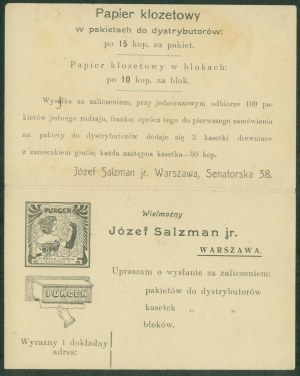 20 WARSAW - Jozef Salzman jr., Senatorska 38, advertising and order form, czb print, ca. 1910