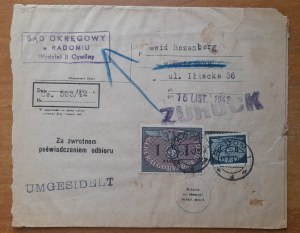 Radom - Ostrowiec Envelope from an official letter 16.11.1942 from the Radom District Court.