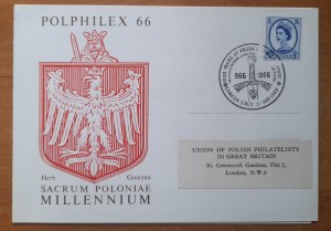 Invitation to a philatelic exhibition in 1966 on the occasion of the 1000th anniversary of the Polish State.