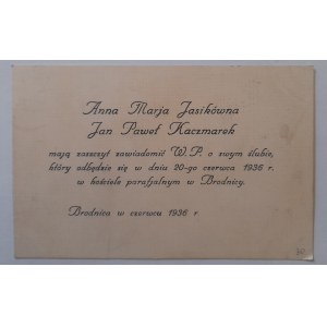 Brodnica.Zawiadomienie o ślubie A.M. Jasikównej i J.P.Kaczmarka w czerwcu 1936 r.