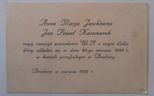 Brodnica.Notice of the wedding of A.M. Jasikowna and J.P.Kaczmarek in June 1936.