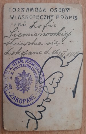 Zakopane.Identity document issued in the name of Zofia Siemianowska
