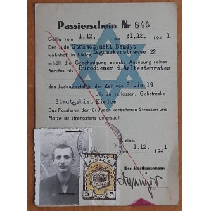 Kielce.Passierschein Przepustka na nazwisko Strawczyński na rok 1941.