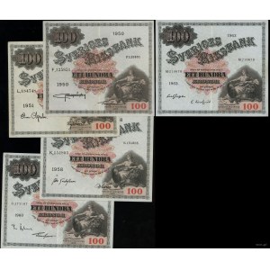 Szwecja, zestaw: 5 x 100 koron, 1950-1963