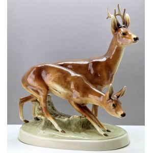 Velká porcelánová figurka od Royal Dux Bohemia-Československo 50. léta [ Jelen, srnec, lov].