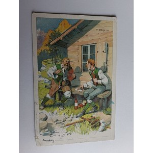 ART POSTCARD CARD GAME, BEER, MOUNTAINS, MOUNTAINEERS, PRE-WAR 1902, STAMP, STAMPED