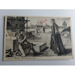 POSTCARD POLISH PAINTING BORATYNSKI FOOT OF QUEEN JADWIGA, PRE-WAR, DAMAGED