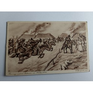POSTCARD POLISH PAINTING BORATYNSKI THE FIRST TATAR ATTACK ON POLAND, PRE-WAR, DAMAGED