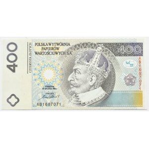 PWPW, 400 złotych 1996 Zygmunt III Waza, seria AB BEZ HOLOGRAMU, UNC