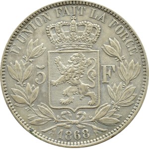 Belgie, Leopold II, 5 franků 1868, Brusel