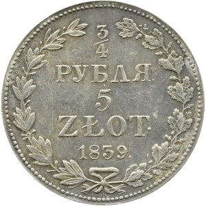 Nicholas I, 3/4 ruble/5 zlotys 1839 MW, Warsaw VERY nice