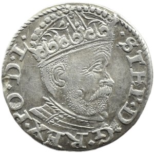 Stefan Batory, trojak 1585, Riga, LARGE HEAD, PLANT MOTIVES IN CORONA