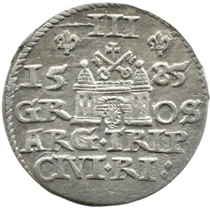 Stefan Batory, trojak 1585, Riga, LARGE HEAD, PLANT MOTIVES IN CORONA