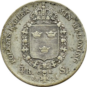 Sweden, Charles XIV John, 1/4 thaler (1/4 riksdaler specie) 1834 C.B., Stockholm