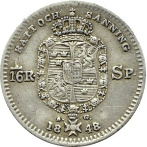 Sweden, Oscar I, 1/16 thaler (1/16 riksdaler specie) 1848 A.G., Stockholm