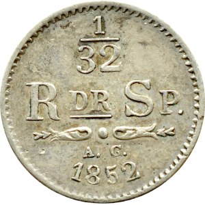 Sweden, Oskar I, 1/32 thaler (1/32 riksdaler specie) 1852 A.G., Stockholm