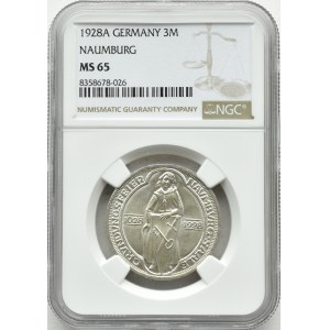 Republika Weimarska, Naumburg, 3 marki 1928 A, Berlin, NGC MS65