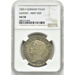 Niemcy, Saksonia, Johann, talar 1855 F, Stuttgart, RZADKI, NGC AU58