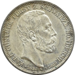 Niemcy, Schwarzburg-Sonderhausen, Karl Günther, 3 marki 1909, Berlin, edycja pośmiertna, PIĘKNE