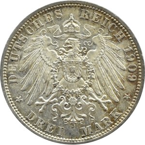 Niemcy, Schwarzburg-Sonderhausen, Karl Günther, 3 marki 1909, Berlin, edycja pośmiertna, PIĘKNE