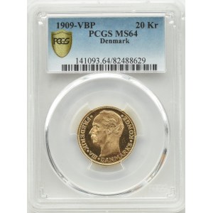Dania, Fryderyk VIII, 20 koron 1909 VBP, Kopenhaga, PCGS MS64