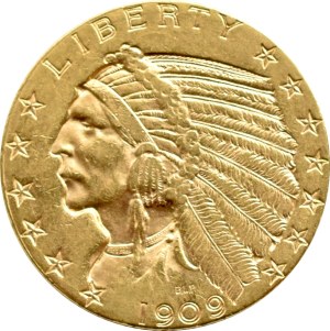USA, Indianin, 5 dolarów 1909 D, Denver, PIĘKNE!