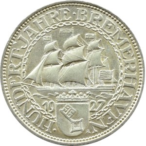 Republika Weimarska, 100 lat portu w Bremie, 5 marek 1927 A, Berlin, UNC