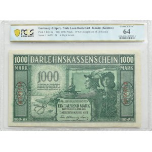 OST, Kowno, 1000 marek 1918 OST, seria A, numeracja sześciocyfrowa, PCGS 64