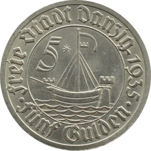 Wolne Miasto Gdańsk, 5 guldenów 1935, KOGA, Berlin PIĘKNE