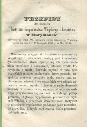 Provisions for the students of the Institute of Farming and Forestry in Marymont, confirmed by the H.E. Superintendent of the Warsaw Scientific District on November 5 (17), 1858.